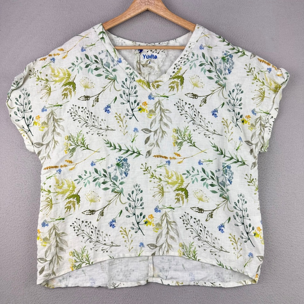 Yuvita Floral Linen V-Neck Blouse Women L White Green Boho Short‎ Sleeve